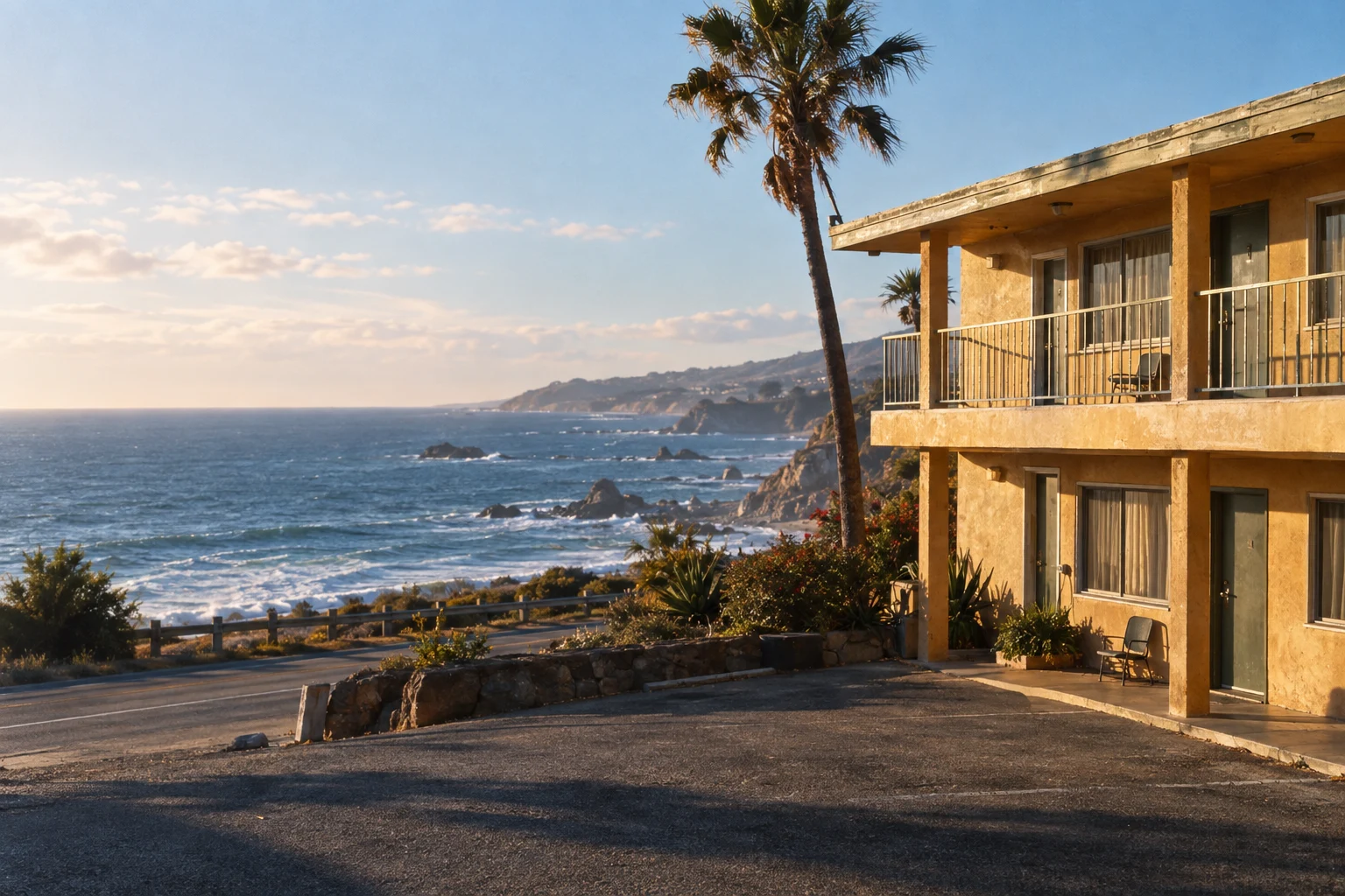 Late-afternoon sunlight on an ochre coastal motel overlooking the blue Pacific